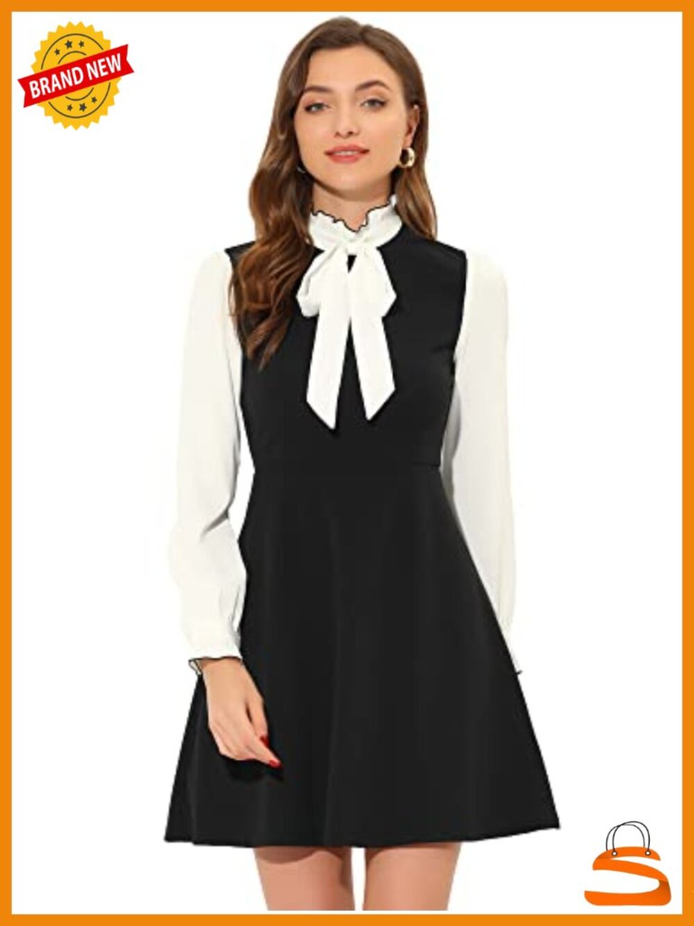 Allegra K Women Vintage 1960s Ruffle Neck Bow Tie Long Sleeve A-Line Mini Dress